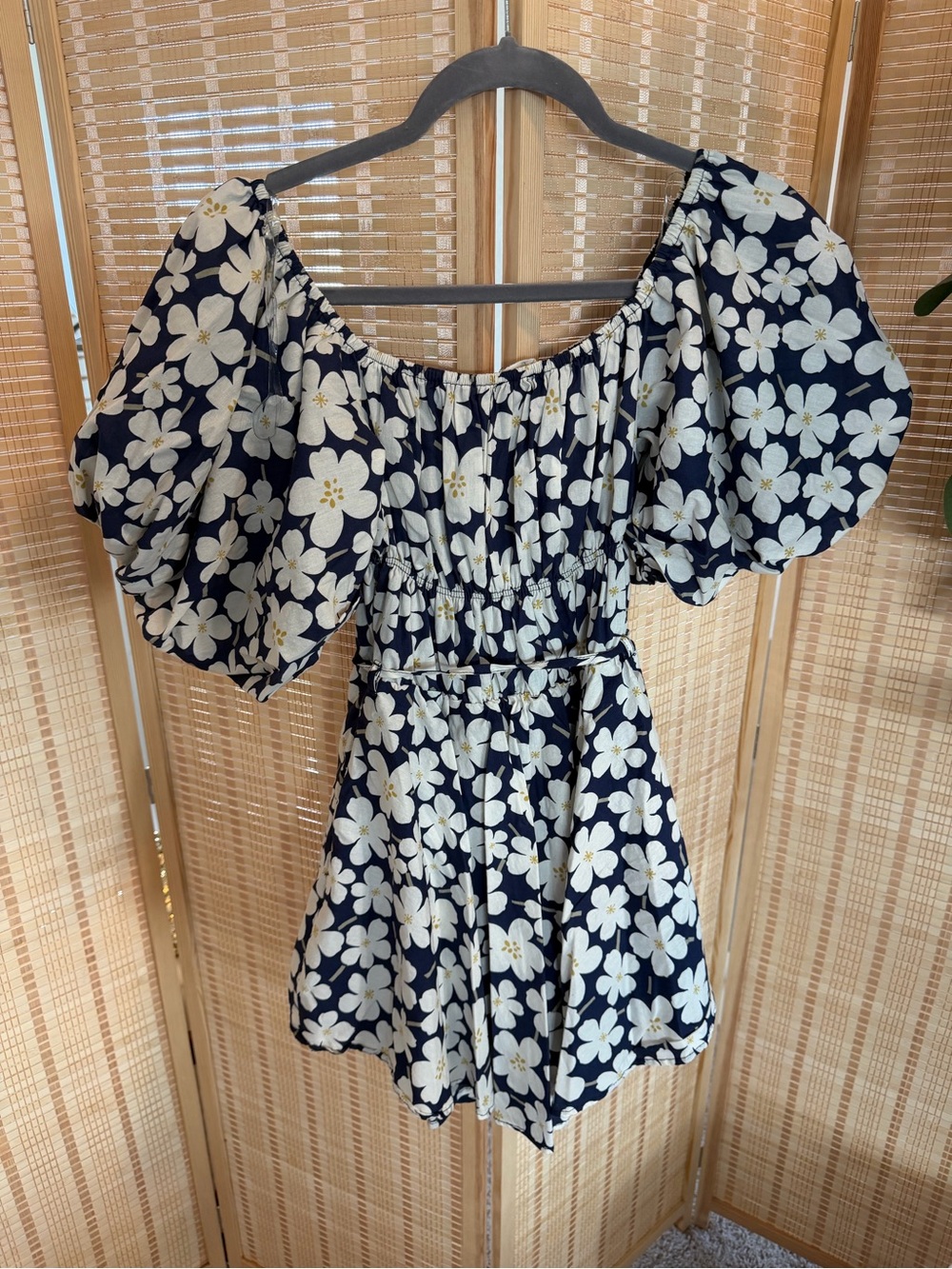 Altar’d State Navy Floral Puff Sleeve Mini Dress